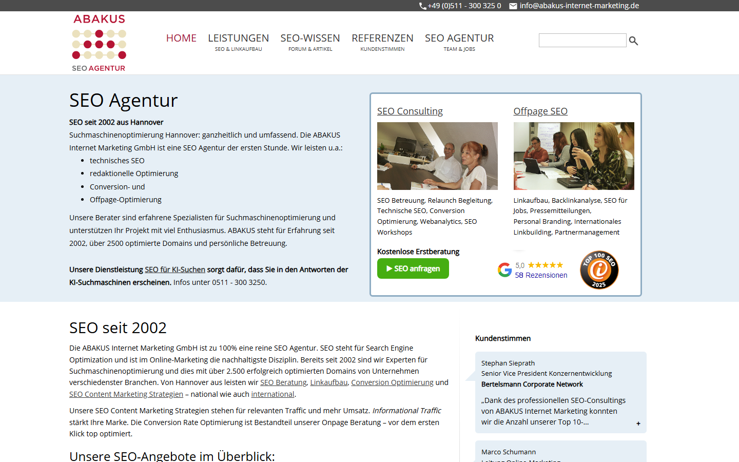 Startseite von ABAKUS Internet Marketing GmbH, SEO-Agentur in Niedersachsen
