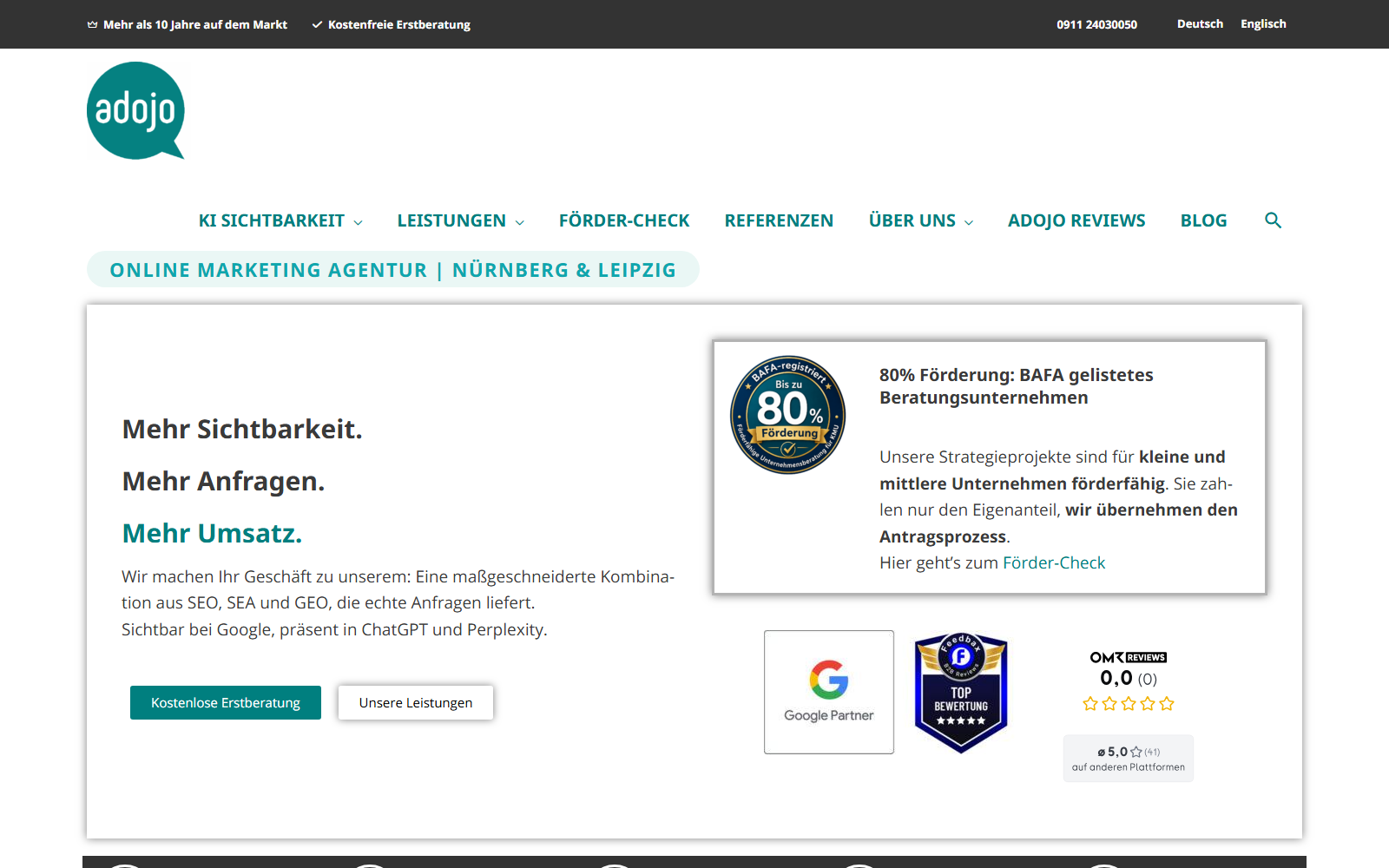 Startseite von adojo GmbH, SEO-Agentur in Nürnberg
