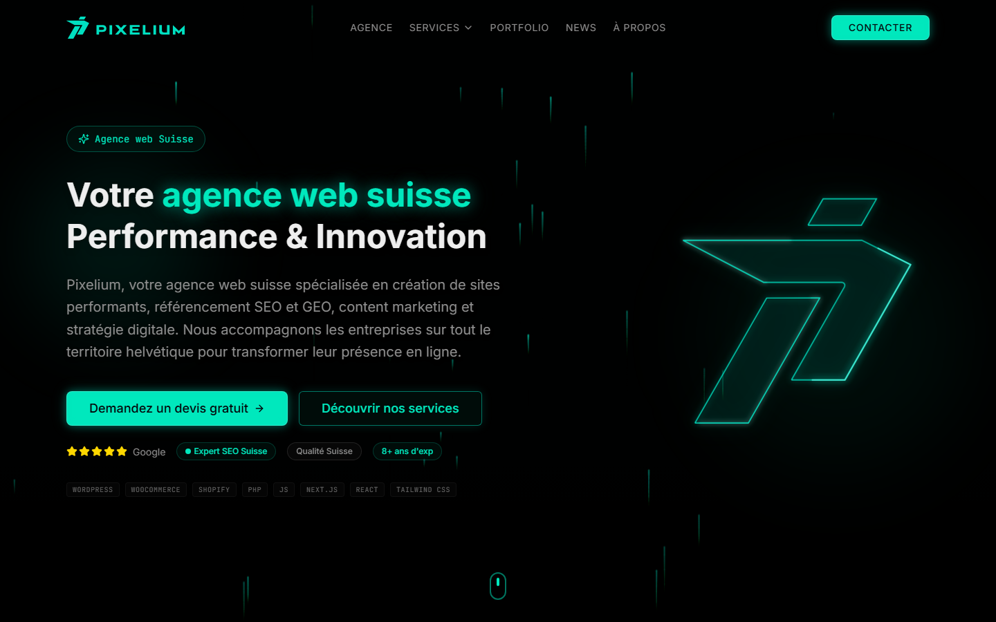 Startseite von Agence web Lausanne - Pixelium.ch, SEO-Agentur in Waadt