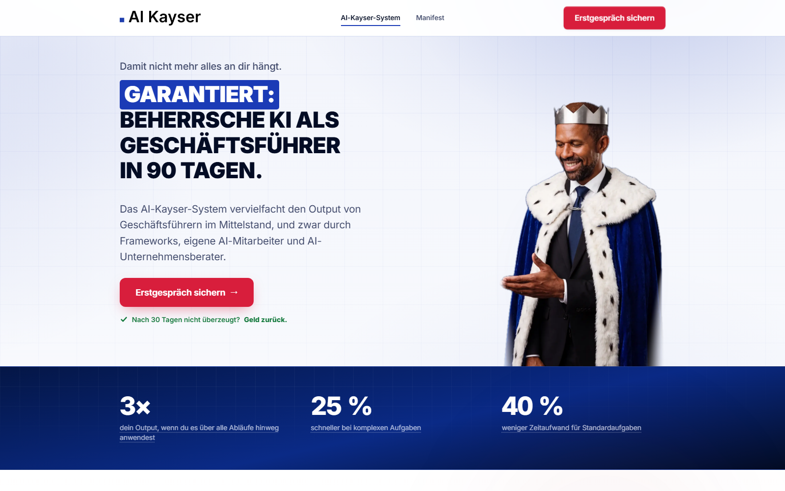 Startseite des AI Kayser Systems: Beherrsche KI als Geschäftsführer in 90 Tagen