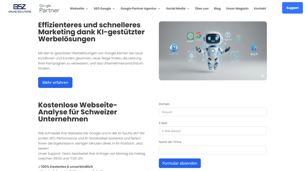 Startseite von BSZ Online Solutions AG, SEO-Agentur in der Schweiz