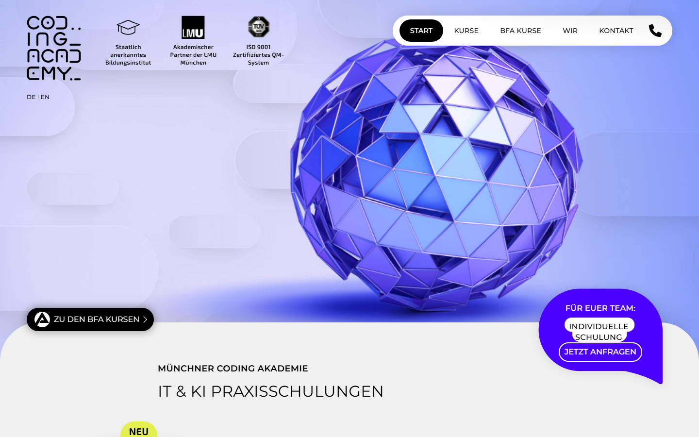 Startseite von Coding Academy, KI-Beratung in München