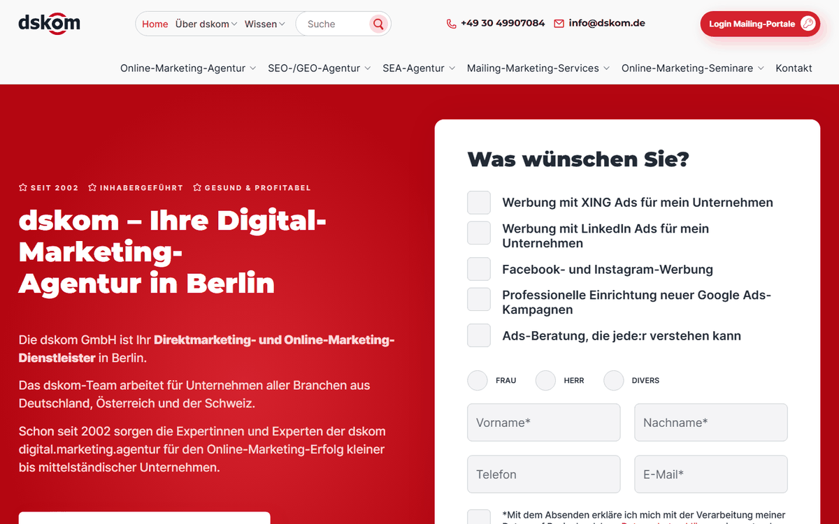 Startseite von dskom digital.marketing.agentur, SEO-Agentur in Deutschland