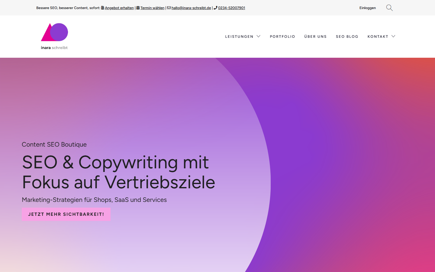Startseite von inara schreibt, SEO-Agentur in Bochum