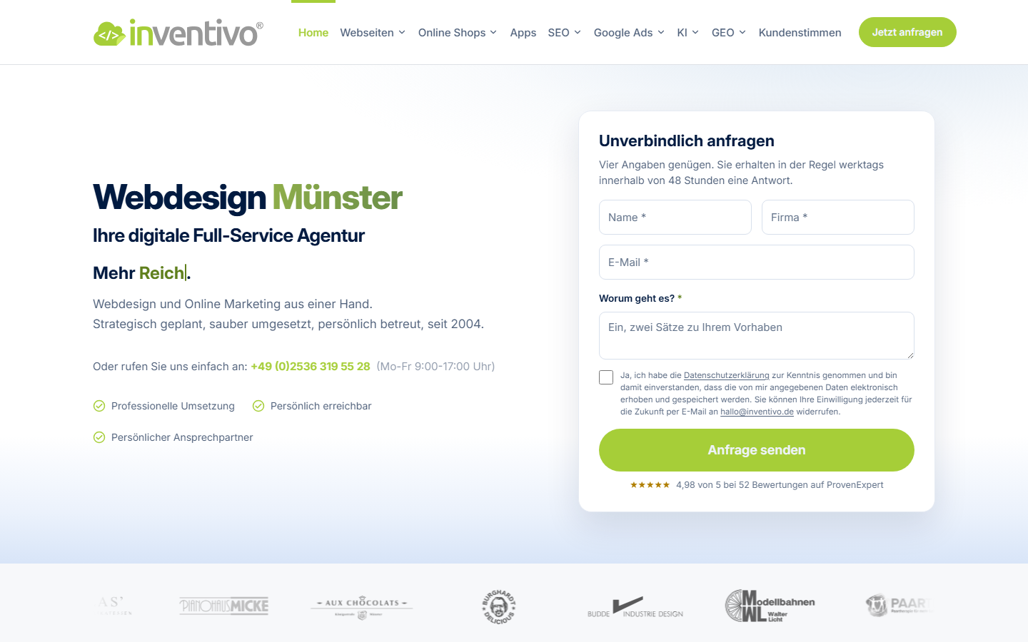Startseite von inventivo, SEO-Agentur in Münster