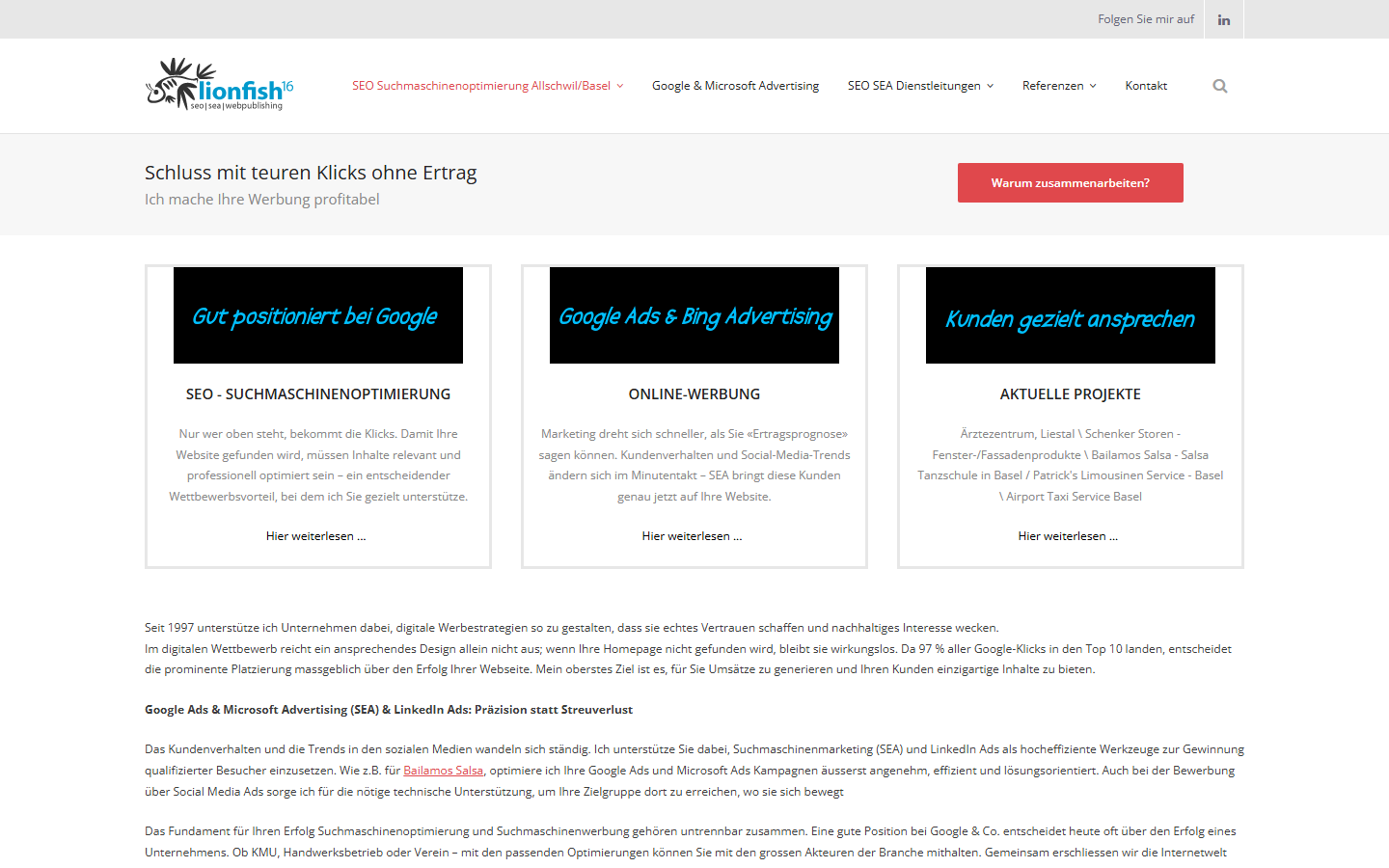Startseite von lionfish16 Webpublishing, SEO-Agentur in Basel-Landschaft