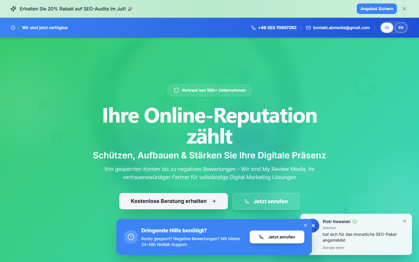 Startseite von My Review Media, SEO-Agentur in Duisburg