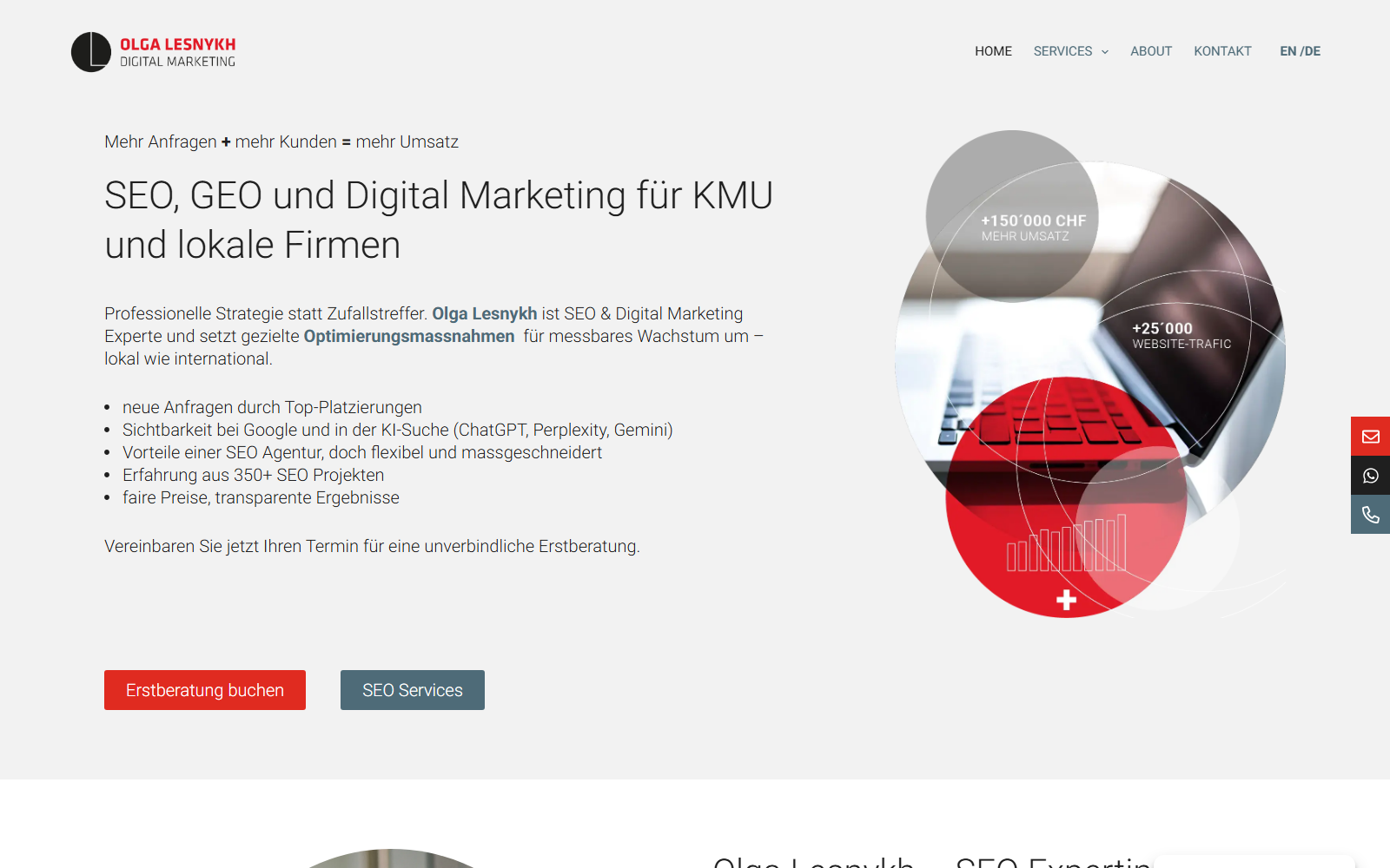Startseite von Olga Lesnykh Digital Marketing, SEO-Agentur in Zürich