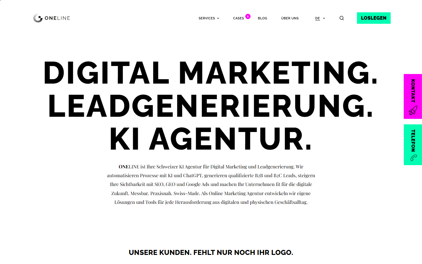 Startseite von ONELINE AG, SEO-Agentur in Zug