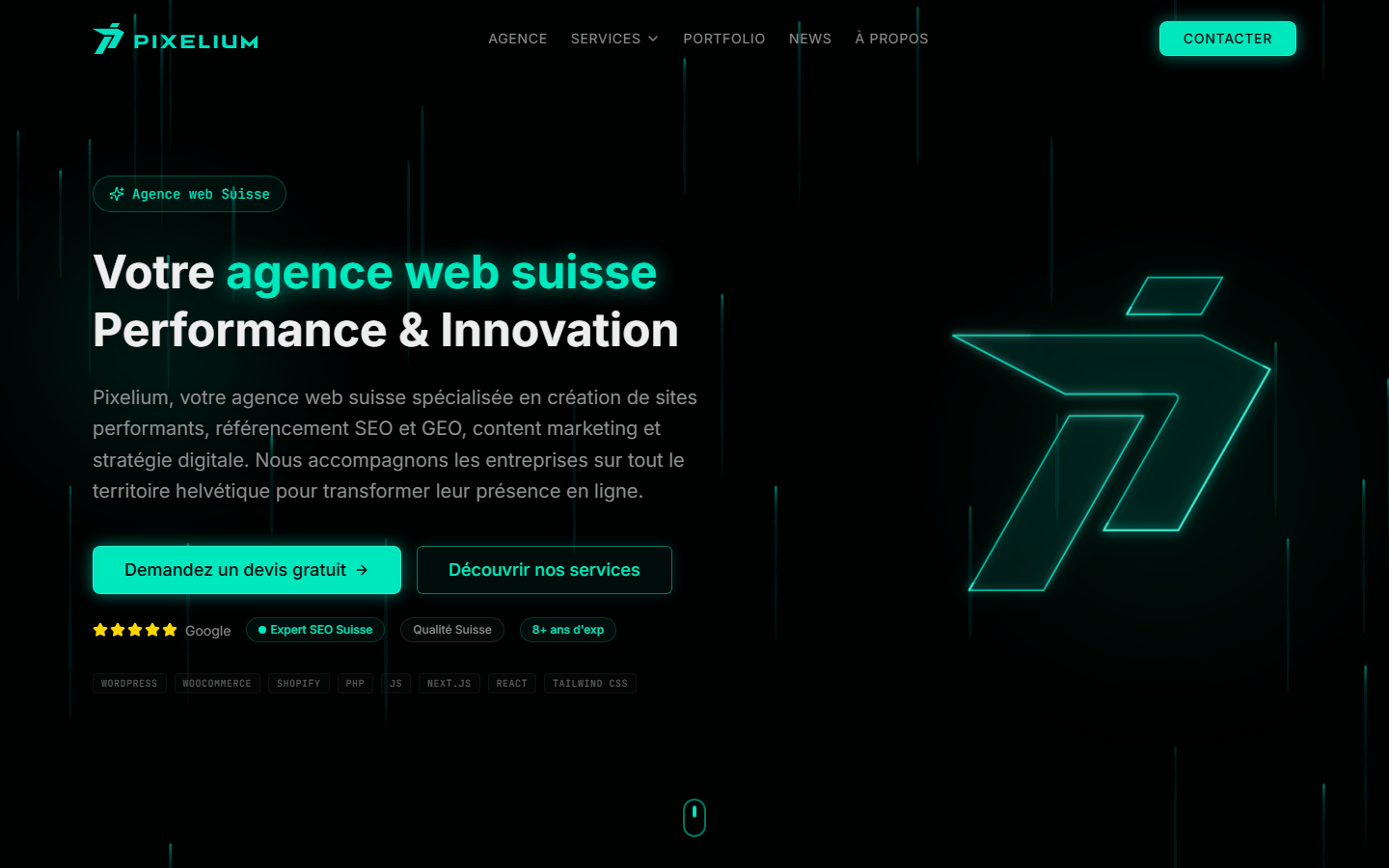 Startseite von Pixelium.ch, SEO-Agentur in Lausanne