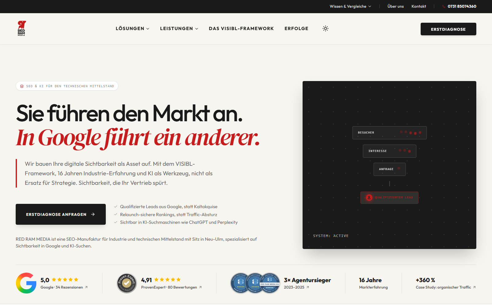 Startseite von Redram Media, SEO-Agentur in Ulm