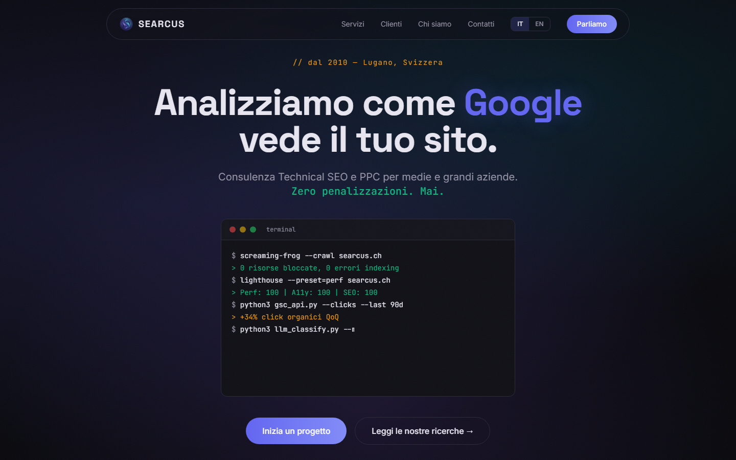 Startseite von Searcus Swiss SAGL, SEO-Agentur in Lugano