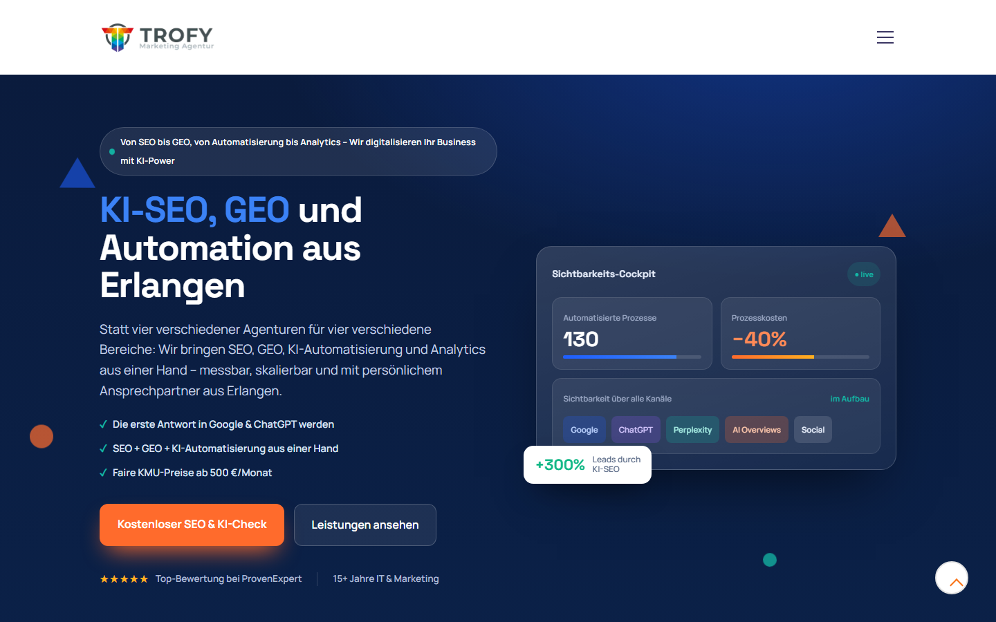 Startseite von Trofy SEO & KI Agentur, SEO-Agentur in Erlangen